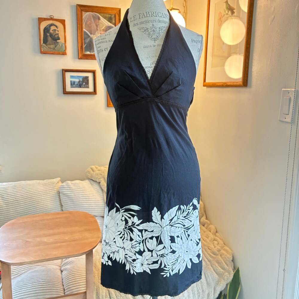 BCBGMAXAZRIA Vintage Y2K Black Floral Border Print Halter Mini Dress Size 6